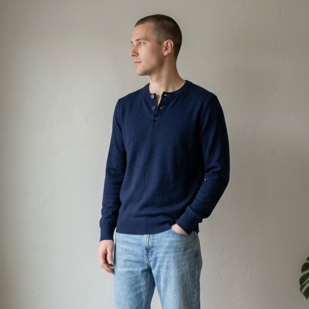 Quince Mens Mongolian Cashmere Henley Sweater Medium Navy Blue Quiet Luxury